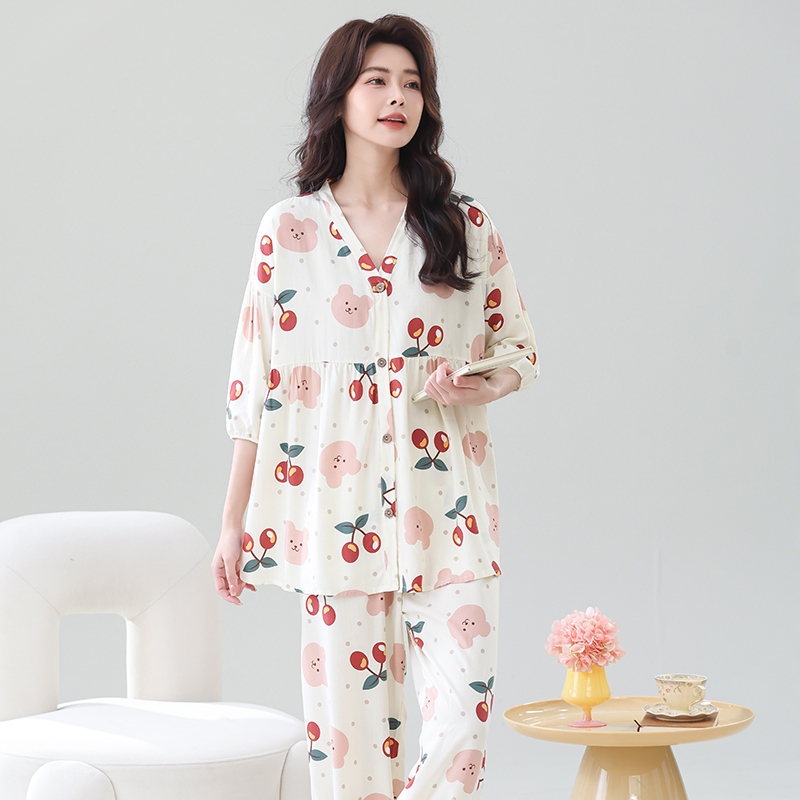 棉绸睡衣女春夏宽松大码九分裤