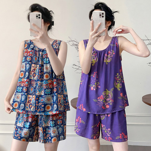 棉绸睡衣女款夏季薄款无袖套装女士夏天大码外穿甜美人造棉家居服