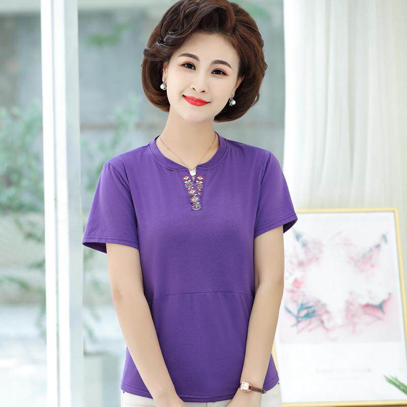 圆领短袖t恤女大码妈妈夏装新款休闲上衣棉质打底衫夏季薄款