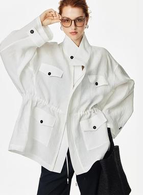 2026春新款时髦复古口袋装饰收腰绑带工装风衣汉麻拉链/猎装外套