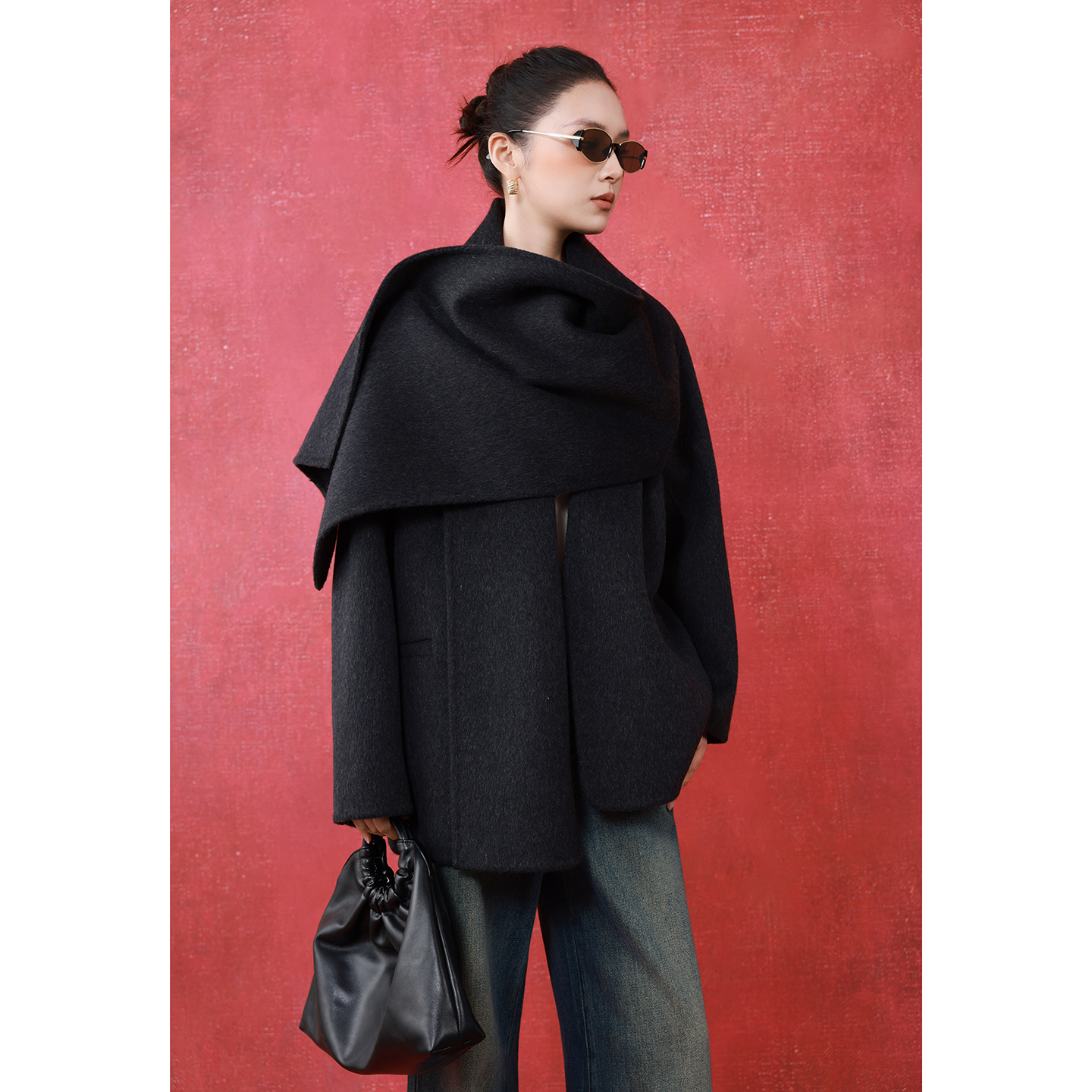 2025冬高级感时髦围巾领宽松羊毛呢外套女100%澳毛羊绒双面呢大衣