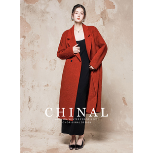 CHINA冬新款韩版时尚气质中长款羊毛呢外套女红色双面呢羊绒大衣