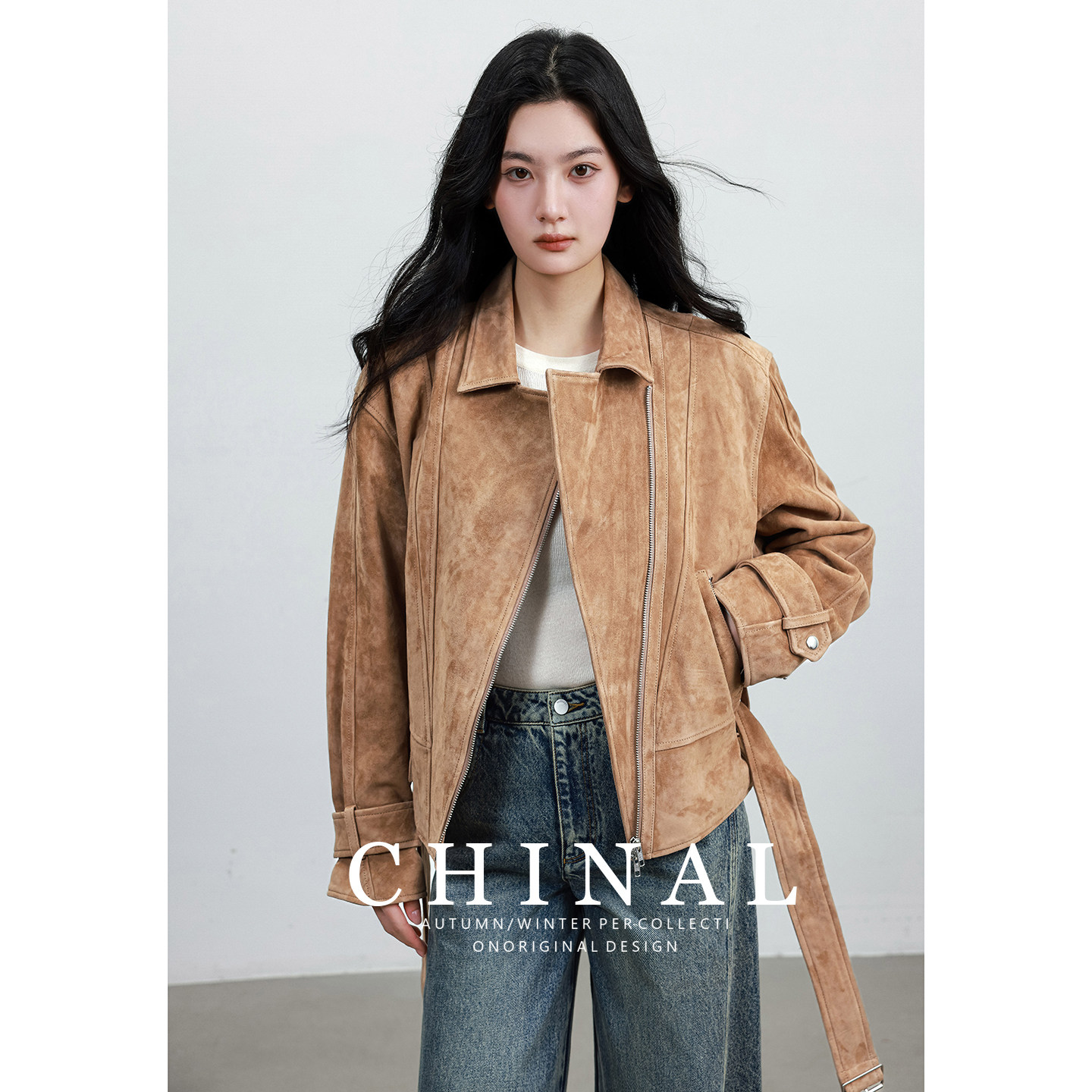 CHINAL秋装新复古双色轻蜡/绒面机车外套女束腰翻领真皮皮衣夹克