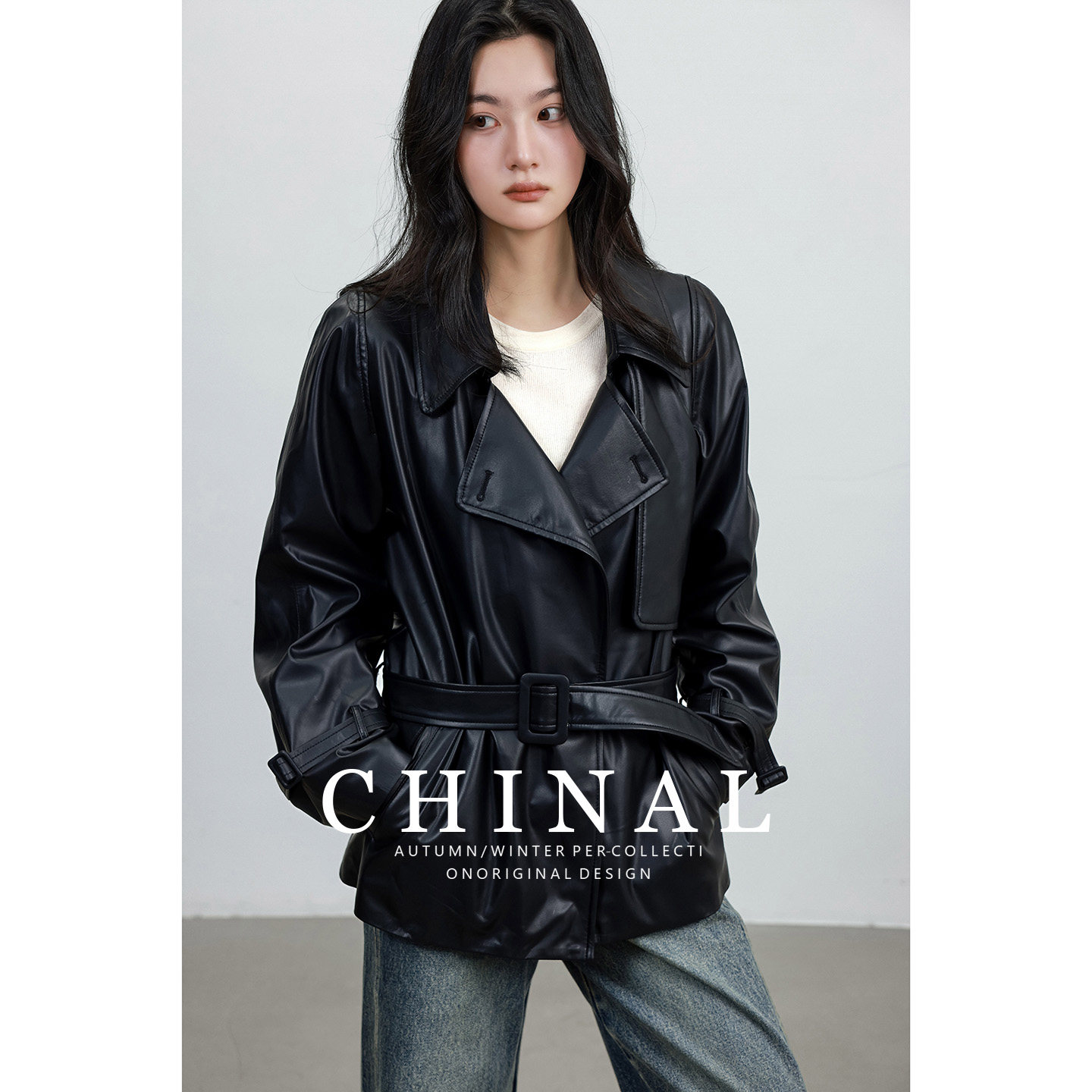 CHINAL重磅柔软廓形中长款绵羊皮外套女风衣式真皮皮夹克上衣