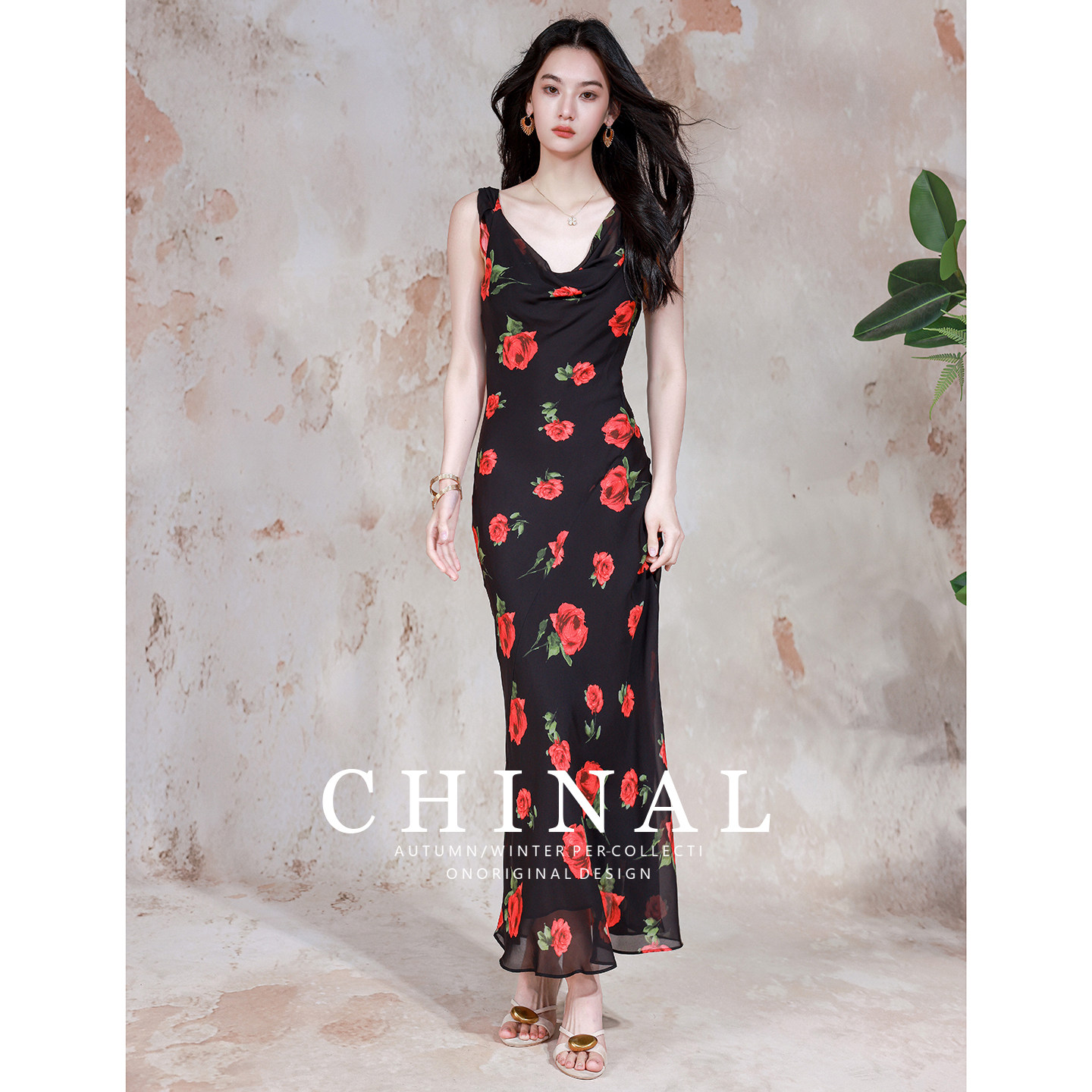 CHINAL夏季新款斜裁真丝玫瑰印花长裙温柔风显瘦荡领桑蚕丝连衣裙