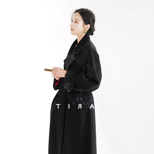 M家101801冬季新款赫本风黑色长款羊毛外套100%山羊绒羊绒大衣女