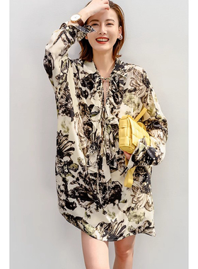 2025夏新款法式重磅真丝桑蚕丝荷叶边系带印花宽松显瘦真丝连衣裙