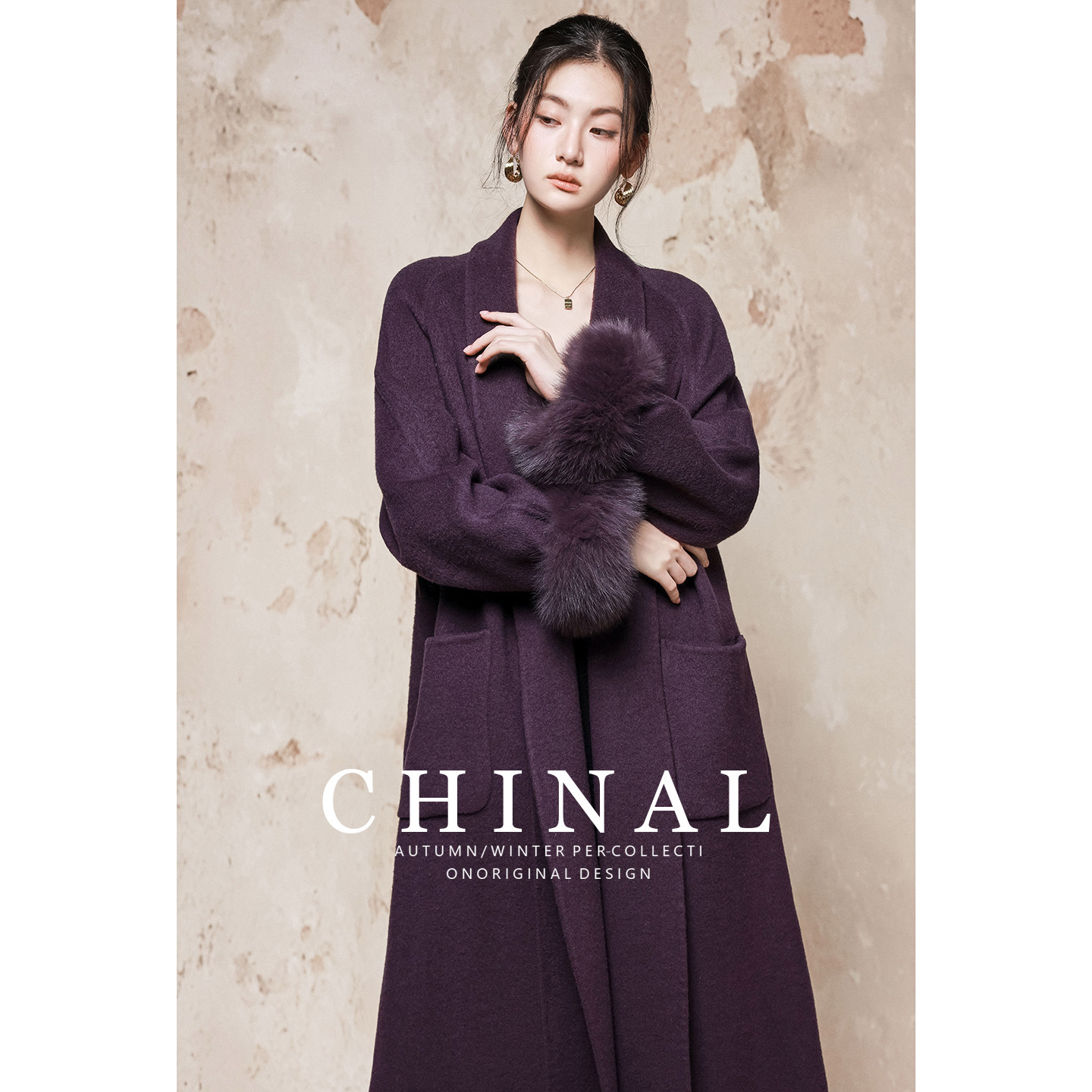 CHINAL冬装新款高级感狐狸毛袖口羊毛呢子外套中长款双面呢大衣女