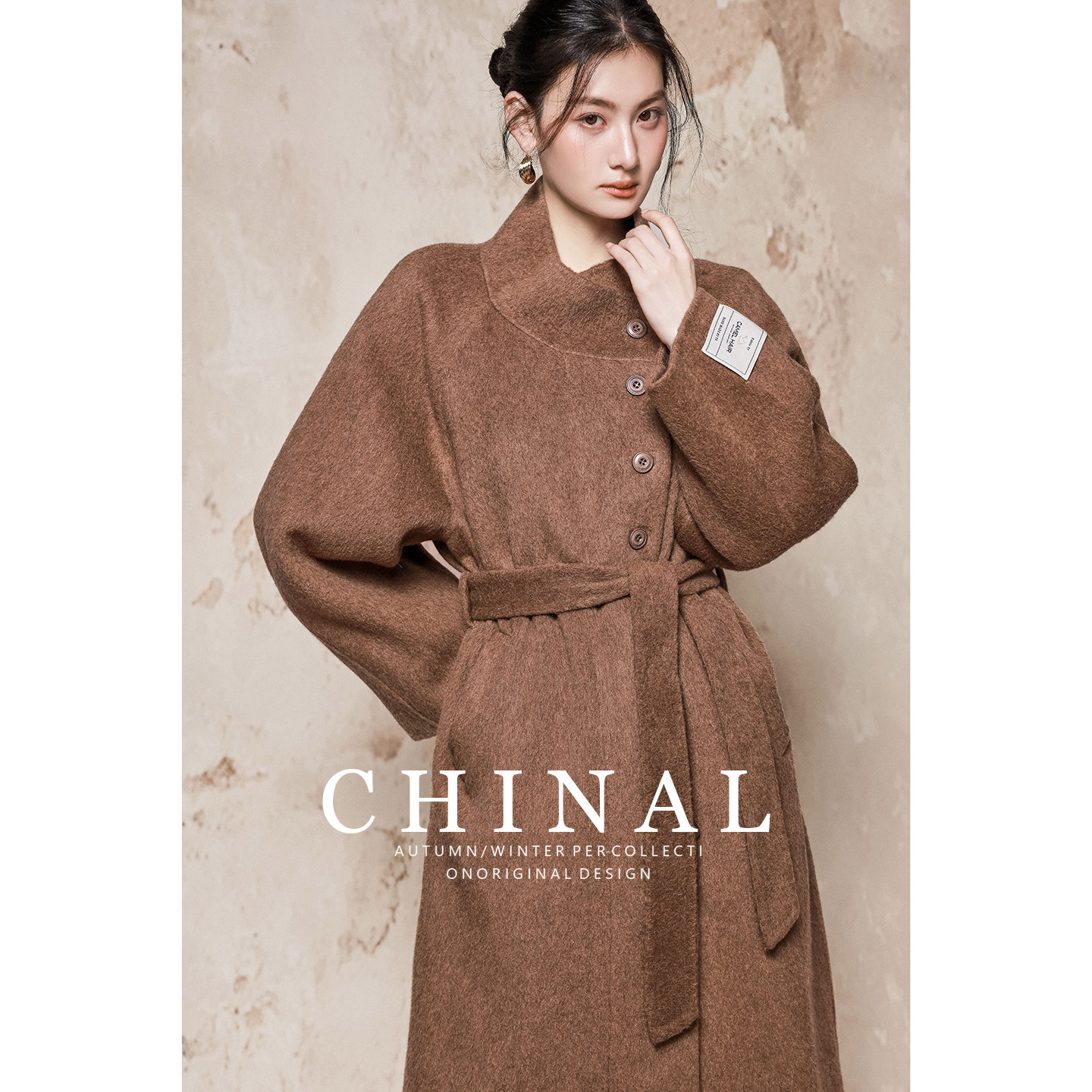 CHINAL冬装新款韩版宽松中长款羊毛呢外套系带双面呢骆驼绒大衣女