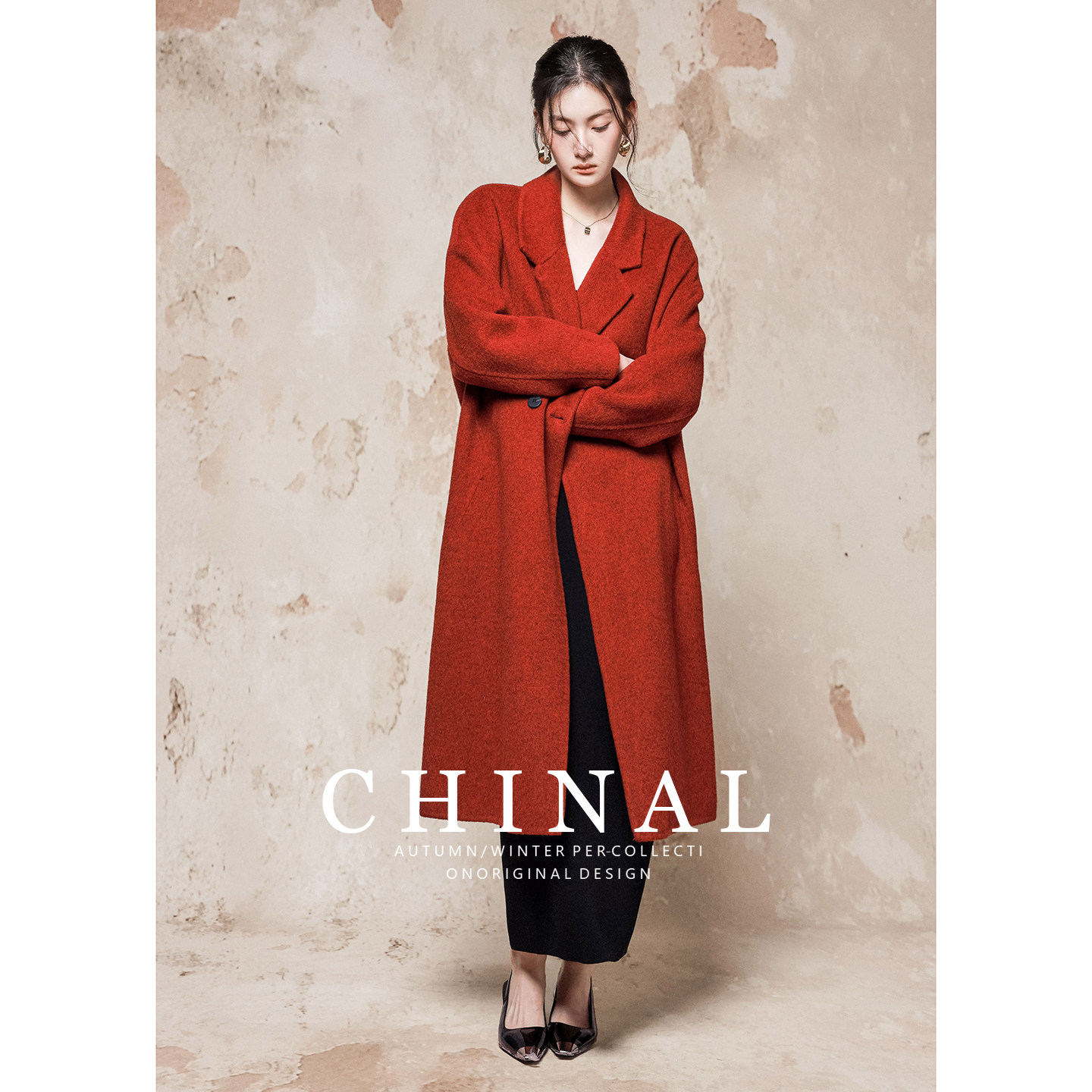 CHINA冬装韩版时尚气质中长款羊毛呢外套女红色双面呢绵羊毛大衣