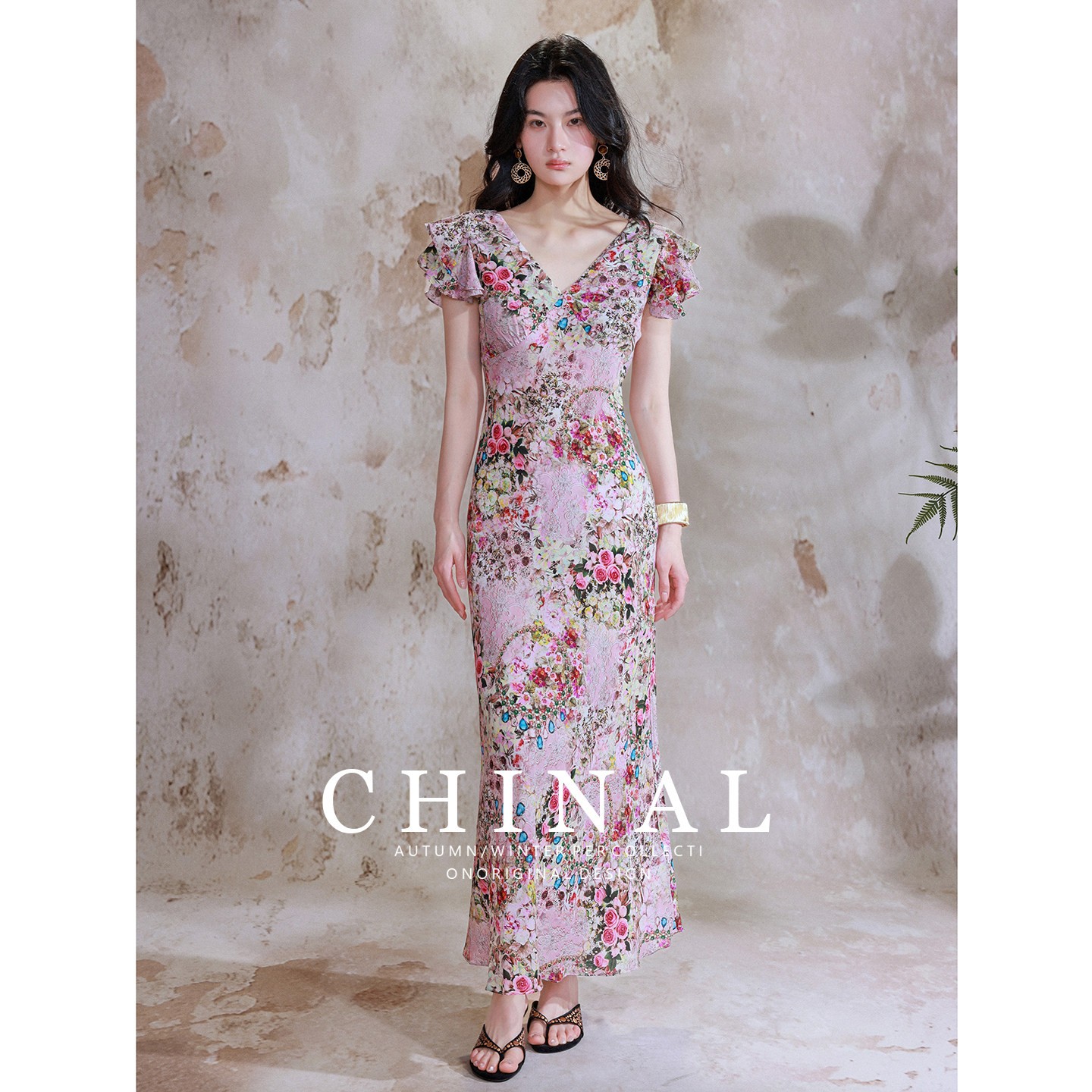 CHINAL45度斜裁真丝长裙法式度假风小飞袖V领碎花桑蚕丝连衣裙子