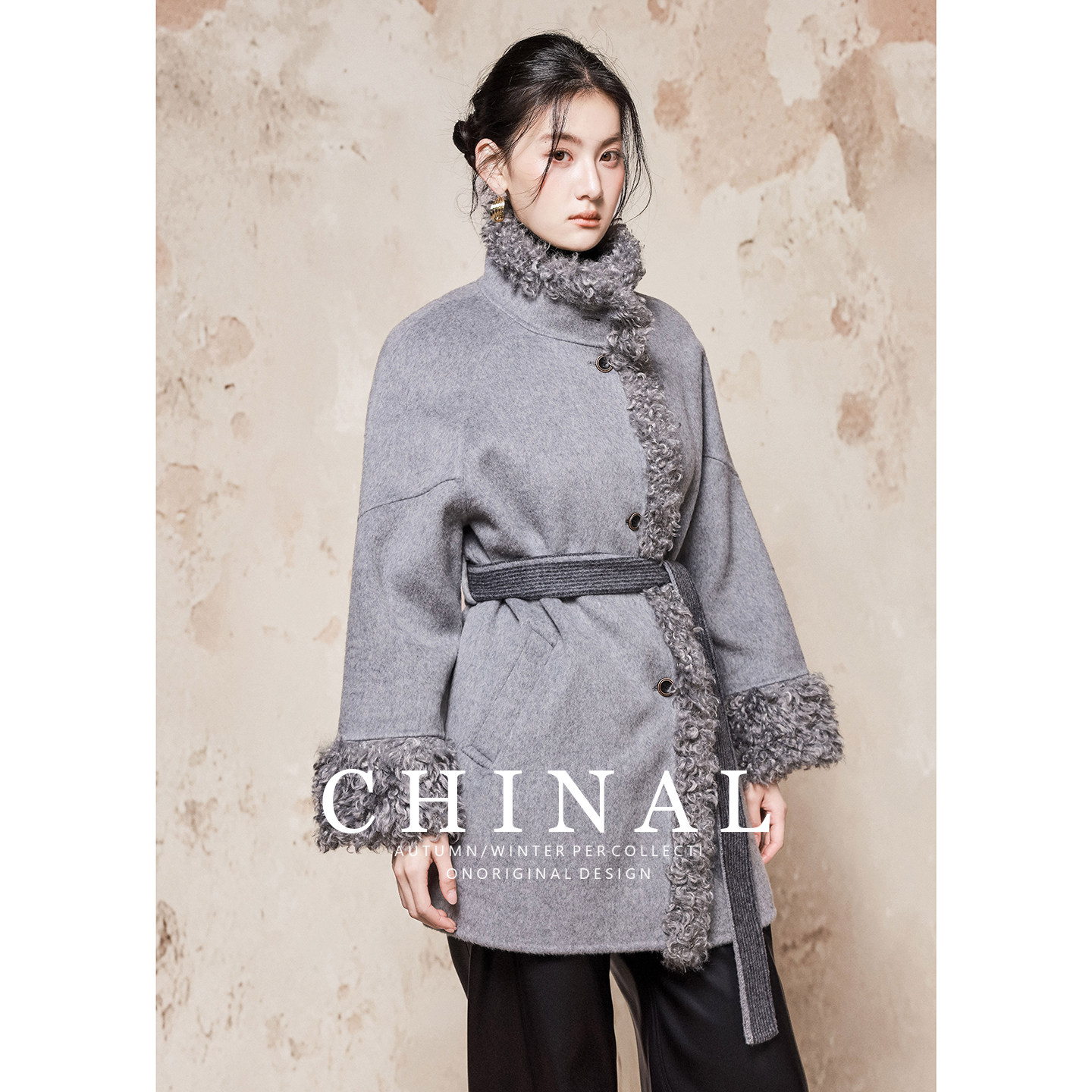 CHINAL冬装新款韩版时尚羊羔毛拼接中长款双面羊毛呢羊绒大衣女