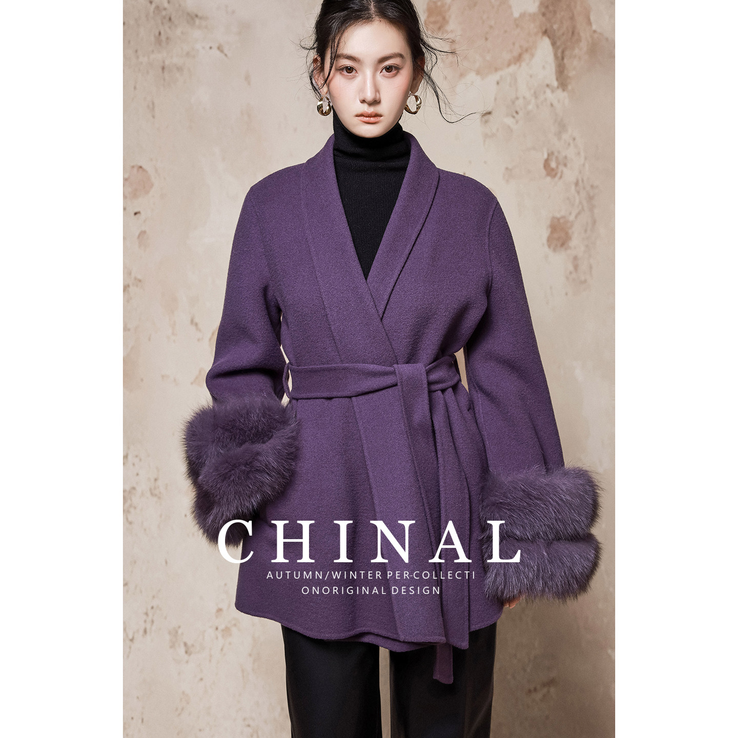 CHINAL冬装新款极简风系带羊毛呢外套女狐狸毛袖紫色双面羊绒大衣