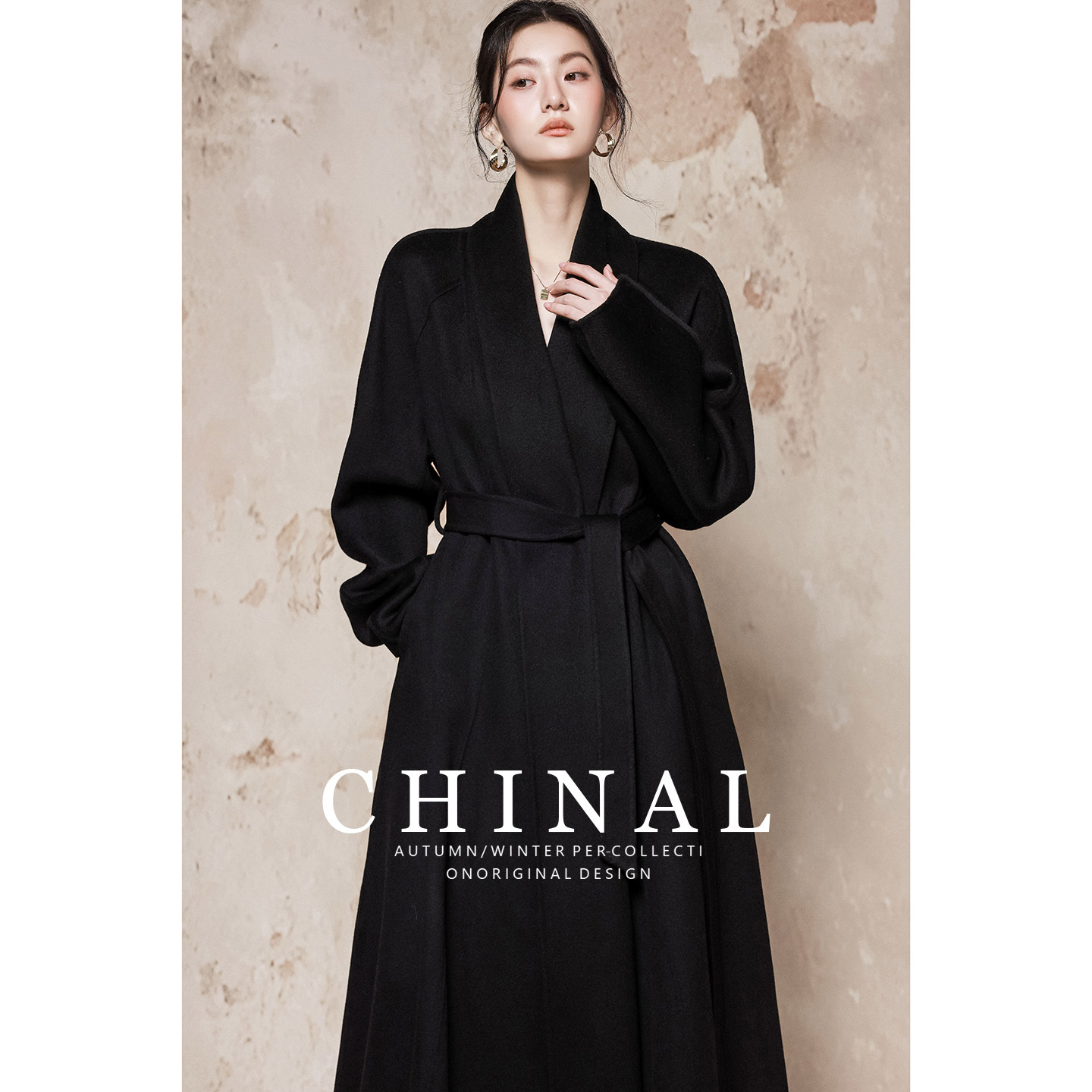 CHINAL冬装新款大牌风中长款系带羊毛呢外套女黑色双面呢羊绒大衣