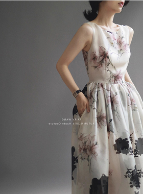 2025夏季新款韩版气质高定意大利进口水墨欧根纱桑蚕丝真丝连衣裙