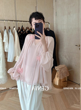 2025春季新款6A级100%桑蚕丝自然抽褶宽松灯笼袖手工花朵衬衫女