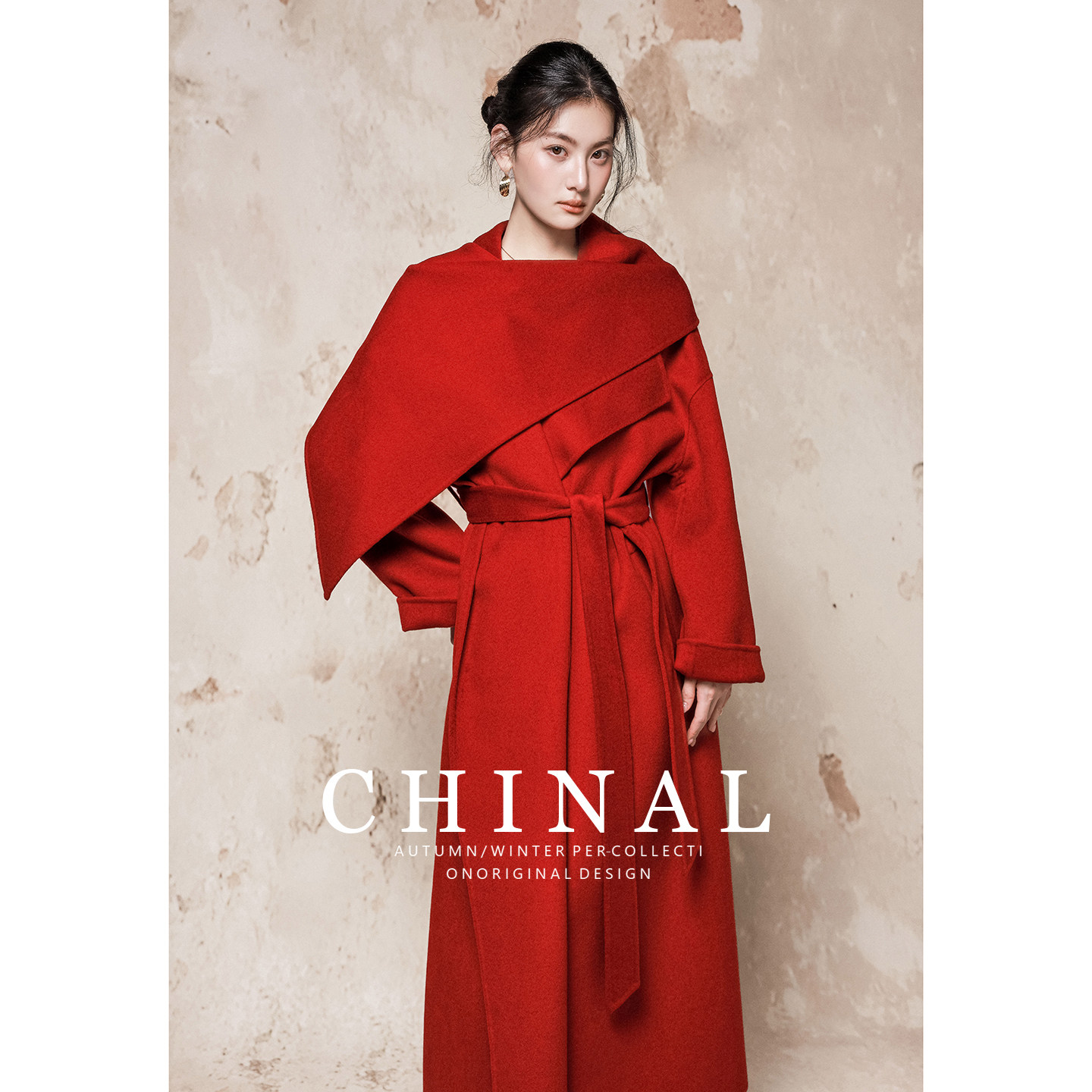 CHINA冬装极简松弛感长款羊毛呢外套披肩围巾领双面羊绒羊毛大衣