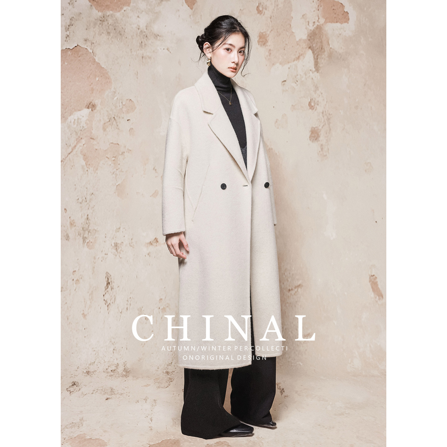 CHINAL冬新款大牌风双排扣中长款羊毛呢外套女白色双面呢羊绒大衣