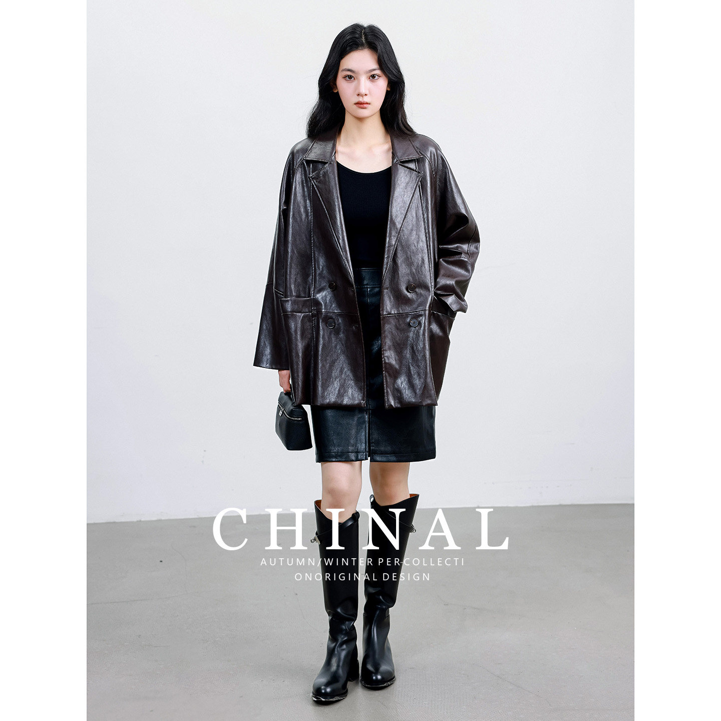 CHINAL夏季巧克力"奶油皮衣"巴恩风头层双色复古蜡感羊皮翻领外套