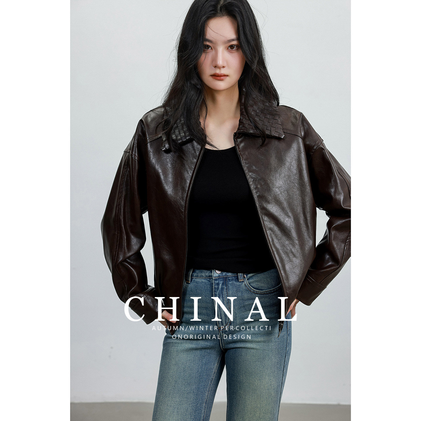 CHINAL进口100%羊皮丨老钱风翻领超软短款小羊皮皮夹克皮衣外套女