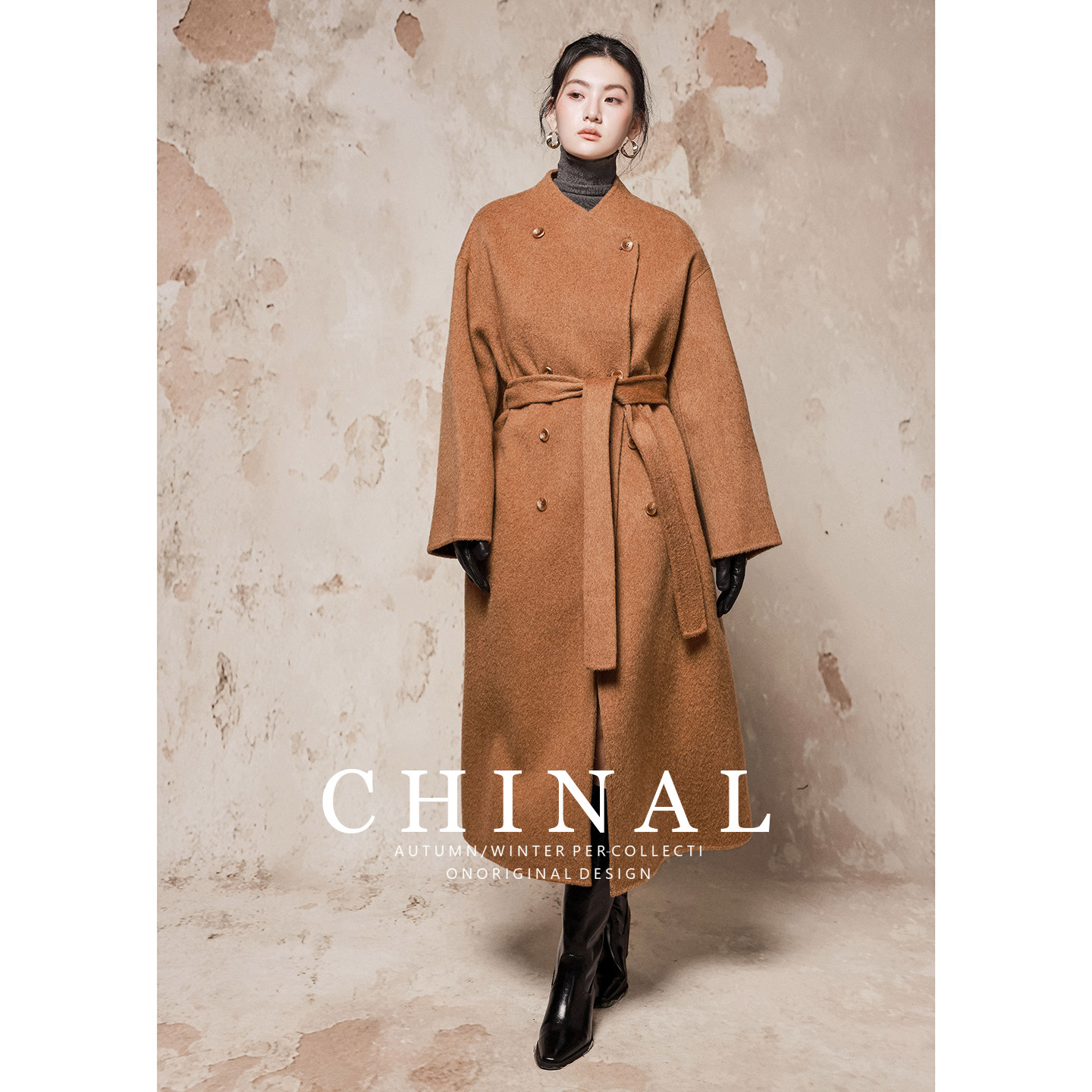 CHINAL冬装新款极简风双排扣中长款系带双面羊毛呢羊绒大衣女