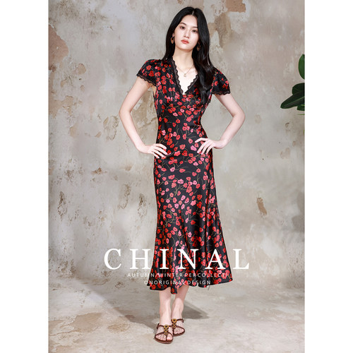 CHINAL夏新款法式碎花桑蚕丝连衣裙女轻熟风显瘦蕾丝拼接真丝长裙