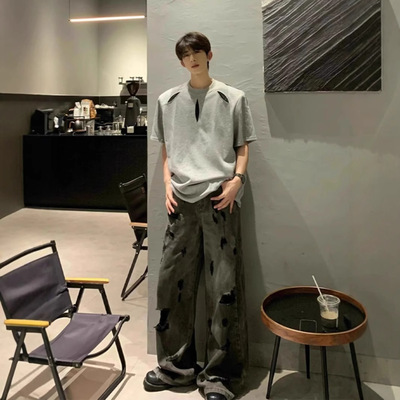 高级感重磅垫肩灰色短袖男款夏季美式痞帅衣服设计感小众男式t恤