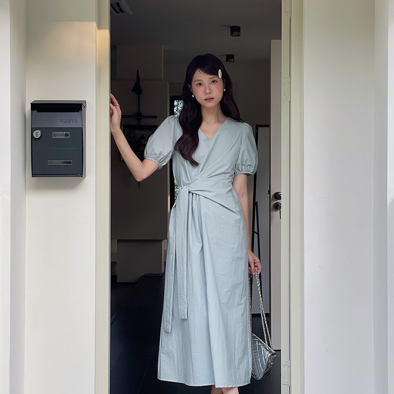 瑞瑞小众设计夏上新设计感V领交叉绑带中长裙通勤连衣裙N165C