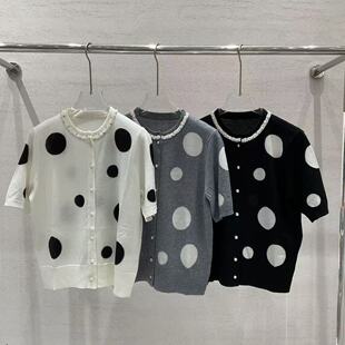 含85羊毛 针织开衫 D22 波点圆领短袖 瑞新羊毛混纺手工钉珠法式