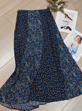 瑞瑞店新双拼色小鱼尾真丝花卉碎花半身裙(含100真丝)YS146-G336