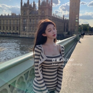 瑞瑞家针织条纹吊带裙开衫两件套连衣裙+开衫套装Y57629-079