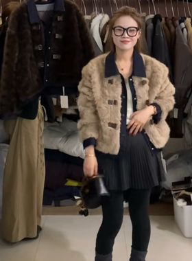 瑞瑞韩版设计感拼接翻领毛毛短外套97631