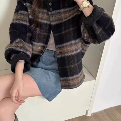 瑞瑞家秋冬韩系复古格子宽松休闲百搭羊毛外套(含10羊驼毛)8366