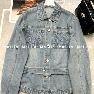 瑞瑞小众设计夏上新设计感复古风压花翻领牛仔外套 J792 配腰带