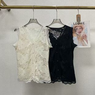 瑞瑞26年夏上新法式 D63 镂空V领刺绣显瘦小衫