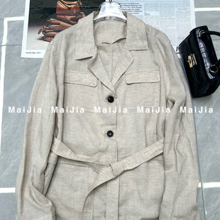 J825 配腰带 瑞瑞小众设计夏上新老钱风松驰感亚麻100工装 衬衫