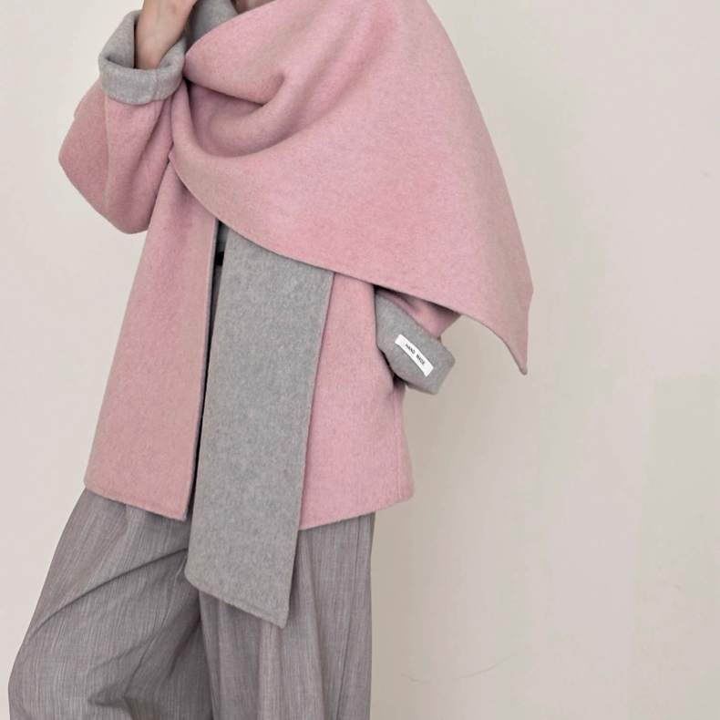 瑞小众设计女撞色毛呢羊毛外套（含100澳毛）(围巾不可拆卸)ZH611