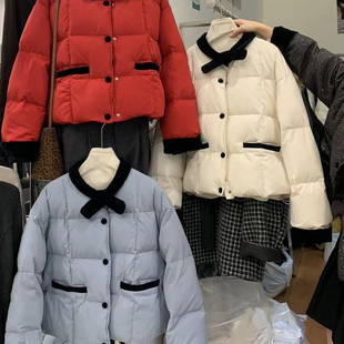 瑞瑞设计韩系蝴蝶结宽松单排扣休闲保暖羽绒服外套6002