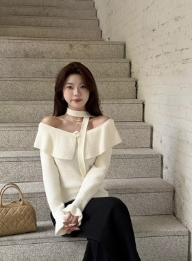 瑞瑞冬上新韩系氛围感立体花朵一字肩荷叶边针织衫(配飘带)K1770