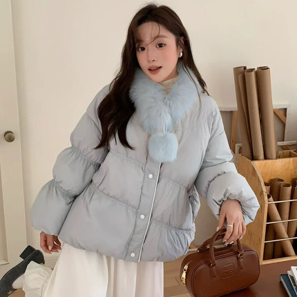 瑞瑞小众设计短款保暖羽绒服外套(配可拆卸真狐狸毛毛领)Oj7326