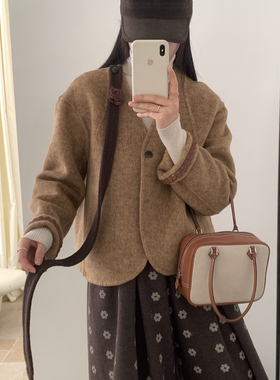 瑞瑞感设计花朵飘带短款羊毛外套(配飘带)(含70.6羊毛)120311W37