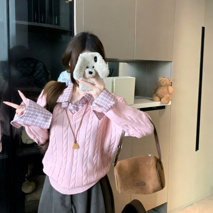 瑞瑞小众设计韩系麻花假两件拼接长袖少女粉色毛衣L-129N6836