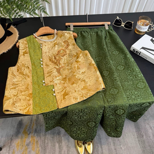 瑞瑞刺绣甲绿色撞色盘扣叠穿气质上衣马甲 YH0147899E 大货速发