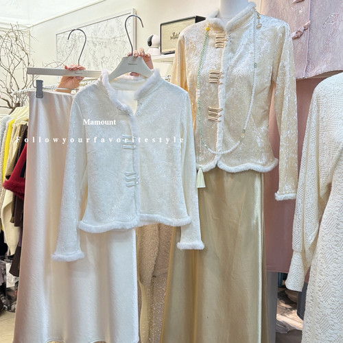 瑞瑞中式国风加绒提花拼接毛边气质百搭显瘦旗袍上衣小衫8258