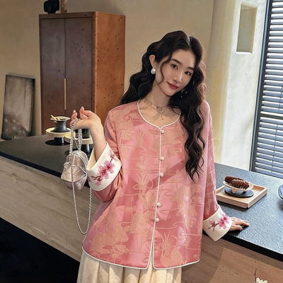 瑞瑞绣高级感轻奢缎面提花粉色唐装短外套(大货速发)LLJ01411099