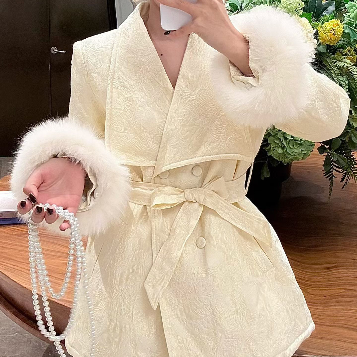 瑞瑞羽绒服中长款保暖羽绒服外套(配腰带,真狐狸毛袖可拆卸)YS-1