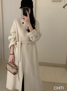 瑞瑞设计感极简宽松圆领长款羊毛外套(配腰带)（含100澳毛）80175