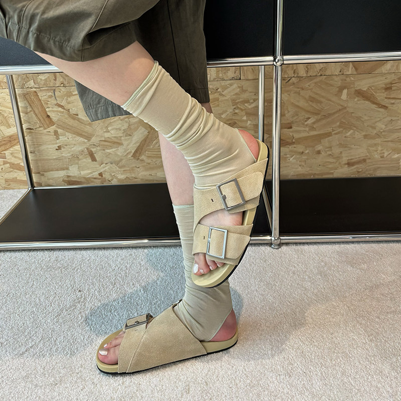 欧洲站2026复古勃肯鞋女夏季真皮软底一字拖平跟搭扣凉拖鞋女外穿