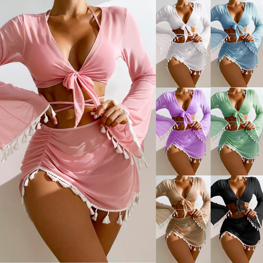 2025欧美新款纯色流苏四件套泳装比基尼bikini 跨境 亚马逊泳衣