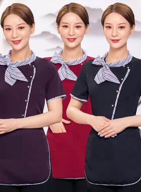 餐饮酒楼服务员工作服短袖夏季男女款餐厅饭店酒店工衣飘带领工服